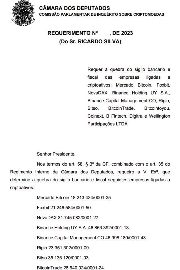 Documento da CPI pede quebra de sigilo bancário